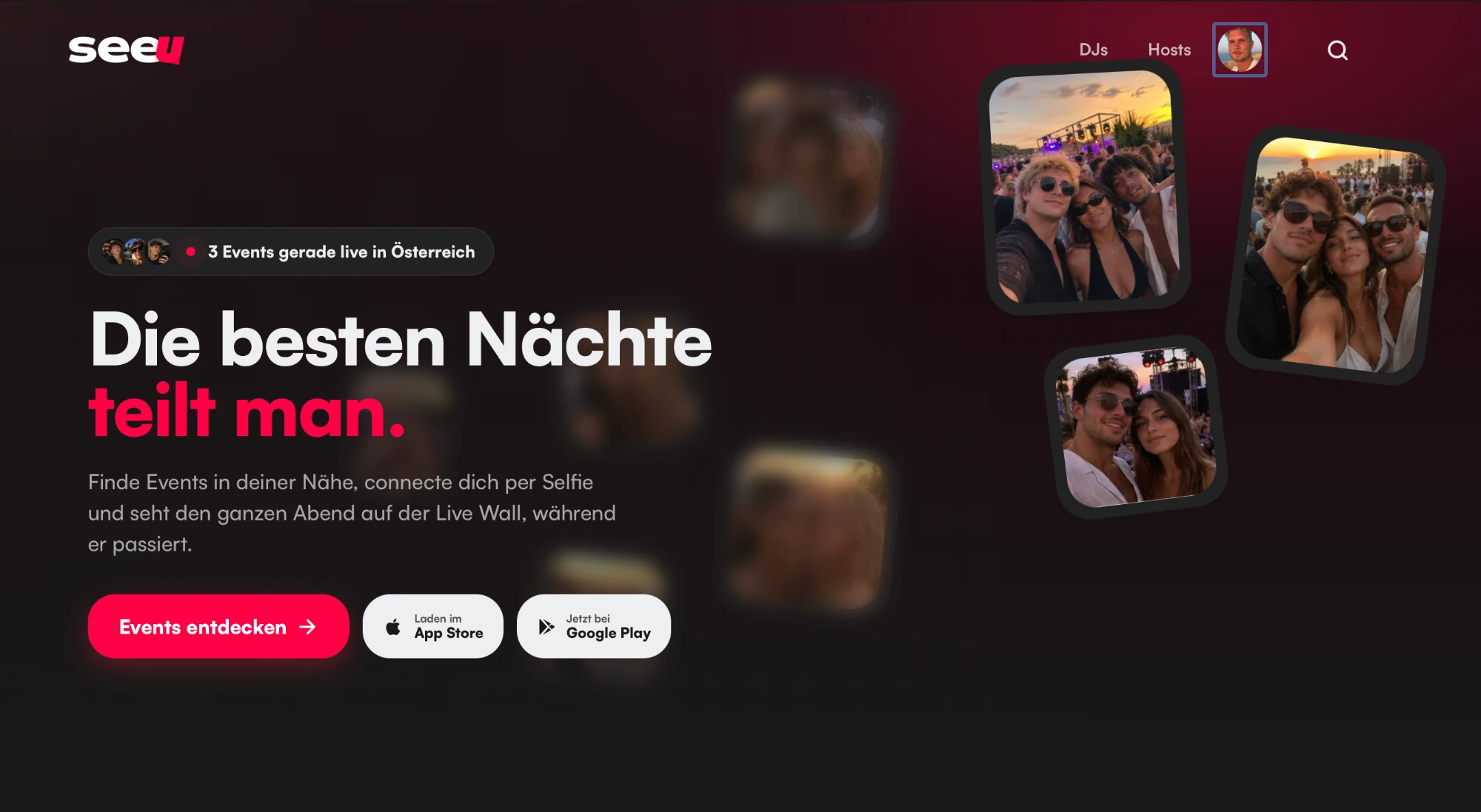 Startseite von seeu.events mit Party-Selfies von der Live Wall